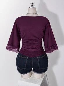 SHEIN ICON 女款大尺碼復古性感千禧風Y2K簡約休閒優雅通勤都市現代蕾絲P約會之夜黑色夏季 - 紫紅色 - 查看 2