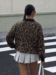 Muchica 女款 Polo 領長袖寬鬆運動衫，豹紋印花運動衫，女款秋冬服飾 - 彩色 - 查看 2
