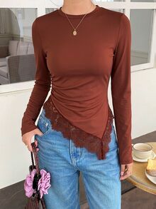 Serisse 女款蕾絲拼接修身百搭日常長袖T恤，秋冬款，正式、商務、時尚，開學季、聖誕節、新年、外出穿搭 - 鏽棕色 - 查看 3