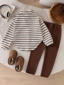 Elladie kids 女童秋冬新款抓絨字母刺繡半拉鍊圓弧下擺長袖高領上衣與刷毛黑色內搭褲2件套 - 咖啡棕 - 查看 2