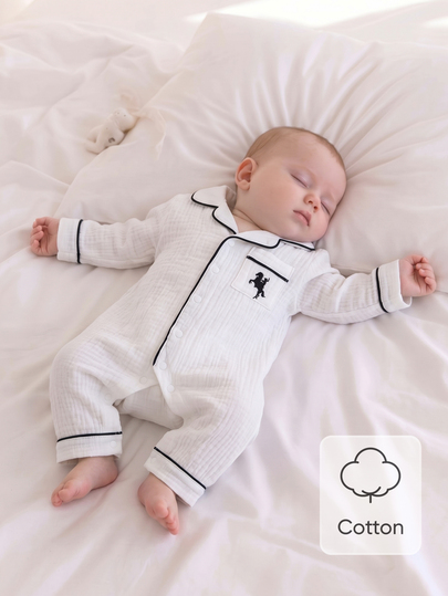SHEIN 1 Pack Autumn/Winter Newborn Home Jumpsuit Pajamas, Cartoon Knight Embroidery Pattern With Contrast Color Piping, White Cotton Double-Layer Crepe Fabric Soft And Comfortable, Best Gift For Newborns