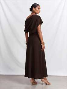 Zivah Women's Solid Color Asymmetrical Shoulder Ruched Minimalist Vacation Dress - Rust Brown - View 2