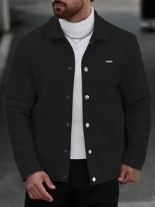 Manfinity CasualCool 男士素色休閒街頭風長袖外套，秋季黑色鈕扣外套，適合度假派對 - 黑色 - 查看 5