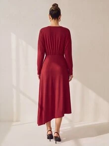 Uhlyne Uhlyne Elegant Asymmetric Hem Slit Party Midi Dress For Women, Autumn/Winter - Burgundy - View 4