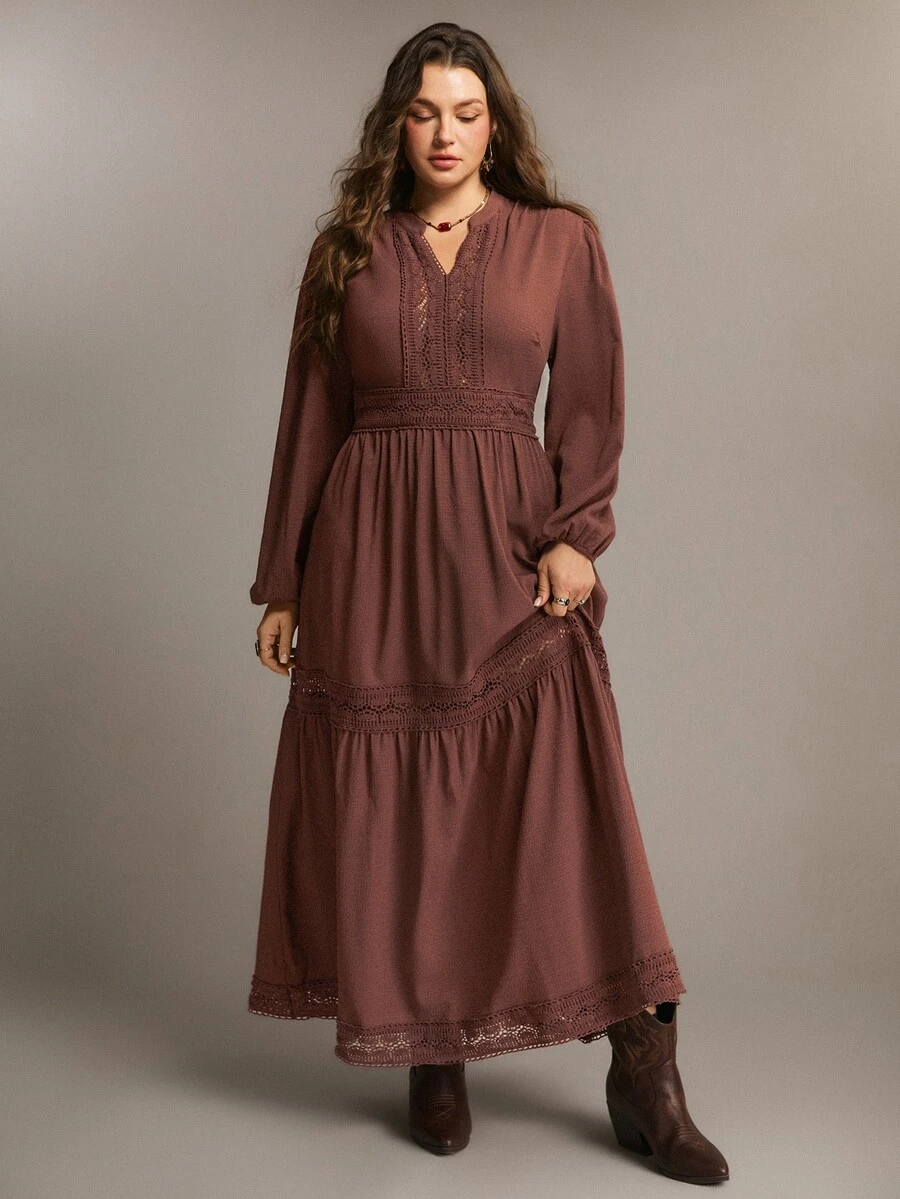 Freevana Gaun Panjang Vintage Wanita Ukuran Besar, Musim Gugur/Dingin - Coffee Brown - View 1