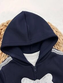 SHEIN 女嬰蕾絲飾邊撞色蝴蝶結刺繡圖案連帽厚抓絨套頭衛衣休閒寬鬆錐腳運動褲套裝，適合冬季 - 藏蓝色 - 查看 4