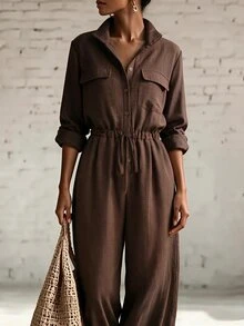 Trelyra Women's Brown Vintage Jumpsuit With Waist Cinched Design, Suitable For Outings, Commuting, Holidays, Autumn Wear - Brown - View 7
