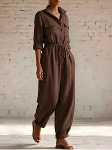 Trelyra Women's Brown Vintage Jumpsuit With Waist Cinched Design, Suitable For Outings, Commuting, Holidays, Autumn Wear - Brown - View 5