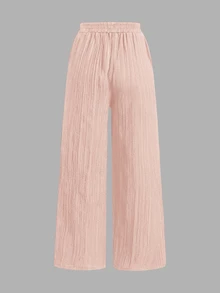 SHEIN Essnce 3件組黑色與粉色紋理布料搭配天藍色與白色粗條紋航海風度假風女款休閒腰綁帶口袋直筒長褲套裝，適合夏季度假 - 彩色 - 查看 7