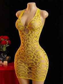 ChaseTheNight Women's Sexy Hollow Out Sheer Halter Neck Deep V-Neck Tight High Elastic Short Mesh Dress, 1pc Night Lounge Fall - Yellow - View 3