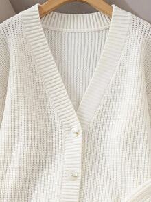 SHEIN Teen Girl Teen Girls Cardigans Autumn/Winter Casual Loose White Solid Color Ribbed V-Neck Open Front - White - View 6