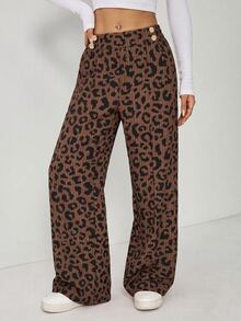 SHEIN EZwear Plus Size Women's Leopard Print Casual Wide Leg Pants With Waist Button Design - Brown - View 4