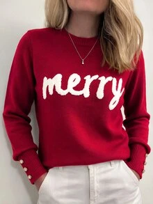 SHEIN LUNE 女款秋冬新款紅色圓領字母刺繡長袖優雅休閒日常通勤度假時尚針織套頭毛衣 - 紅色 - 查看 8