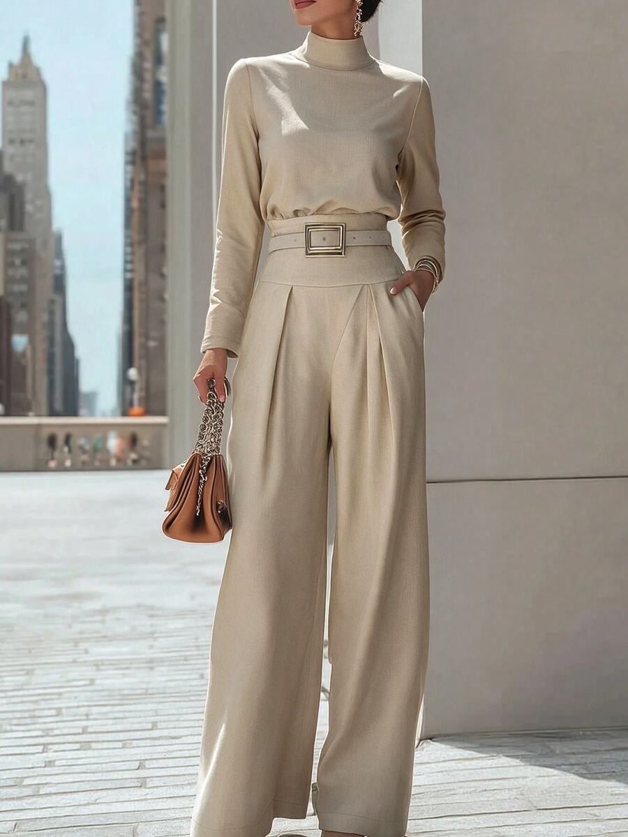 SHEIN Casual Elegant Versatile High Neck Shirt And Pleated Pocket Wide Leg Pants 2 Pieces Set Office Beige Fall