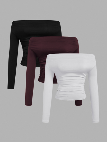 Sweetra Solid Color Off-Shoulder Top, Slim Fit Long Sleeve, Casual Fashion, Suitable For Daily Wear