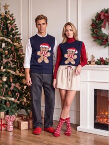 Manfinity Homme Men's Gingerbread Man Pattern Crew Neck Casual Versatile Knit Vest - Navy Blue - View 3