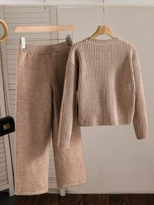SHEIN 青少年女孩針織素色圓領寬鬆休閒毛衣與長褲兩件套 - 彩色 - 查看 2
