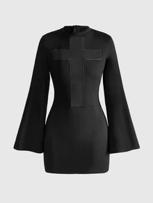 ROMWE Mini bodycon-klänning för kvinnor med korsnät-patchwork, gothstil, hög hals - Svart - Visa 1