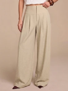 COSMINA Women's Casual Elegant Pleated Faux Linen Long Pants - Apricot - View 7