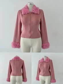 Sunspun Jaket Lengan Panjang Kasual Serbaguna Wanita Ukuran Besar dengan Motif Patchwork dan Resleting - Berwarna merah muda - View 7