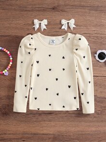 SHEIN Baby Girl Heart Print Round Neck Gigot Sleeve Casual Top - Khaki - View 8