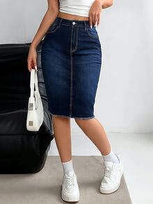 EMERY ROSE Plus Size Women's Casual Daily Denim Skirt With Pockets And Buttons - Blue - View 3