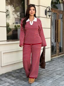 Easura 大尺碼復古紅色條紋 Polo 領針織套裝 女款 寬鬆寬腿褲 2 件組 冬季 - 紅色 - 查看 3