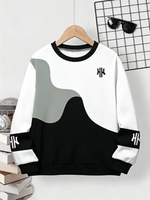 SHEIN 青少年男孩字母圖案拼色休閒日常長袖運動衫 - 彩色 - 查看 4