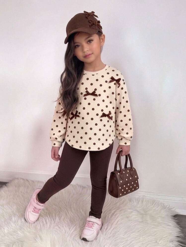 SHEIN Setelan Kasual 2 Potong Baju Rajut Polkadot Leher Bulat dengan Pita 3D untuk Anak Perempuan, Cocok untuk Semua Musim - MultiWarna - View 4