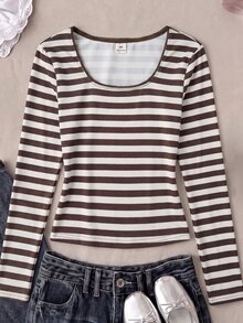 SHEIN 青少年女孩條紋修身百搭日常休閒長袖T恤 - 棕色 - 查看 4