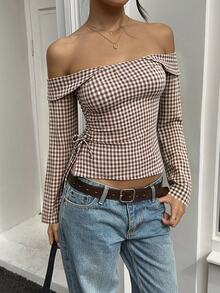 Easura Atmospheric Off-Shoulder Side Slit Plaid Women's Commuter Elegant Daily Avant-Garde Blouse - Multicolor - View 5