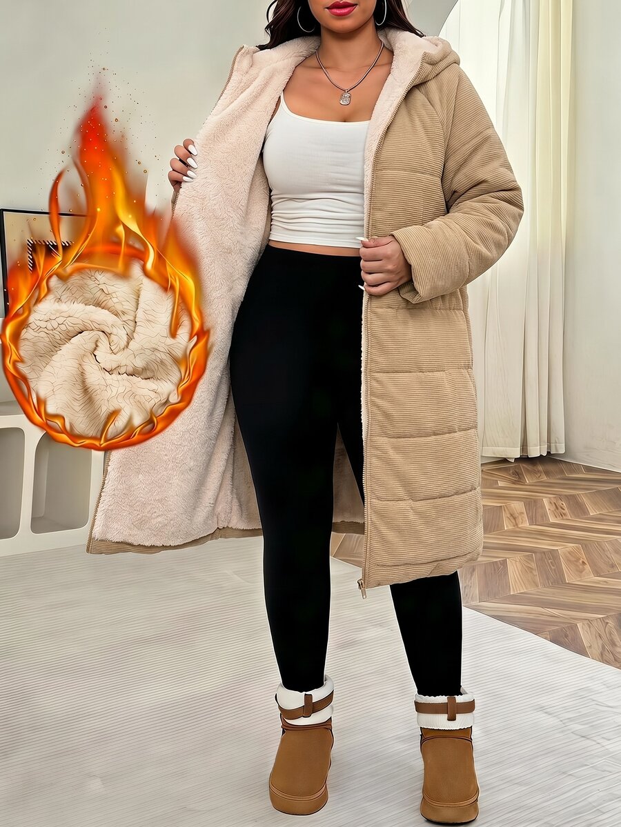 Reflora Plus Size Women's Raglan Long Sleeve Zipper Front Hooded Long Thermal Lined Winter Jacket - Khaki - View 1