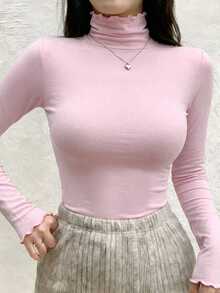 DAZY 女款純色高領長袖荷葉邊修身T恤 - 粉色 - 查看 4