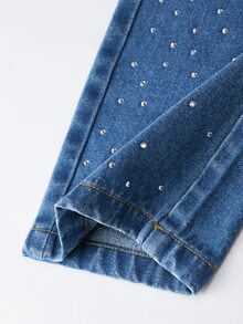 SHEIN Elladie kids 少女閃亮水鑽寬腿牛仔褲 秋季度假戶外派對牛仔褲 - 中等水洗藍 - 查看 7