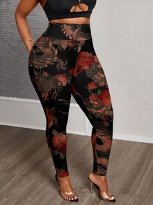 Slaydiva Plus Size Women's Floral Print Casual Daily Tight Leggings - Multicolor - View 3