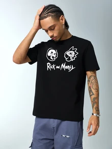 Rick and Morty X SHEIN تي شيرت كاجوال بياقة دائرية وأكمام قصيرة للرجال - الأسود - مشاهدة 6