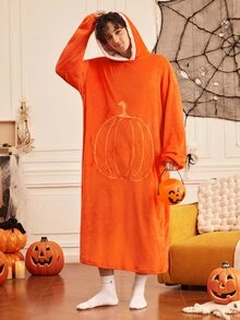 Provexi Provexi 男士萬聖節連帽法蘭絨長款睡袍，南瓜刺繡，寬鬆長袖居家浴袍，秋冬睡衣 - 橘色 - 查看 4