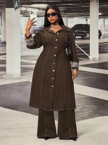 Slaydiva Plus Size Women's Non-Stretch Denim Long Jacket With Hollow Back Design, Cowboy Outfits For Women - Coffee Brown - View 6
