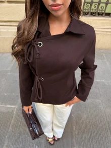 Siren Gaze Women's Grey Asymmetric Oversized Overcoat With Drawstring Detail - Brown - View 6