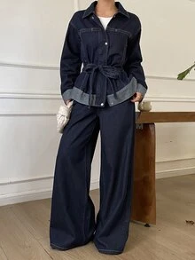 DAZY Women's Washed Dark Blue Loose Tie Waist Cinched Waist Denim Set - Dark Wash - View 4