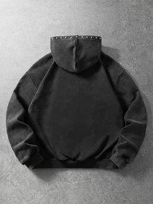 ROMWE MEN Street Life 男士重磅水洗做舊毛巾刺繡深色休閒連帽衛衣 - 黑色 - 查看 2
