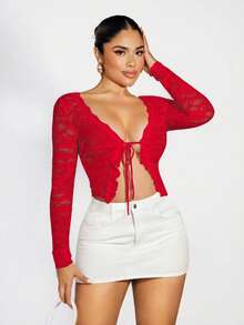 Sirith Women's Sexy Sheer Lace Ruffle Tie-Front Cardigan - Red - View 4