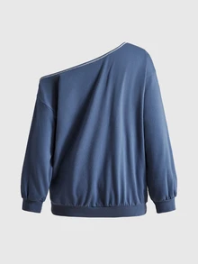 ROMWE Hippie Women's Vintage Applique Patchwork Dragonfly Asymmetrical Shoulder Pullover Sweatshirt - Navy Blue - View 3