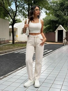SHEIN PETITE 女款休閒日常旅行牛仔褲，附口袋與鈕扣設計 - 卡其色 - 查看 3