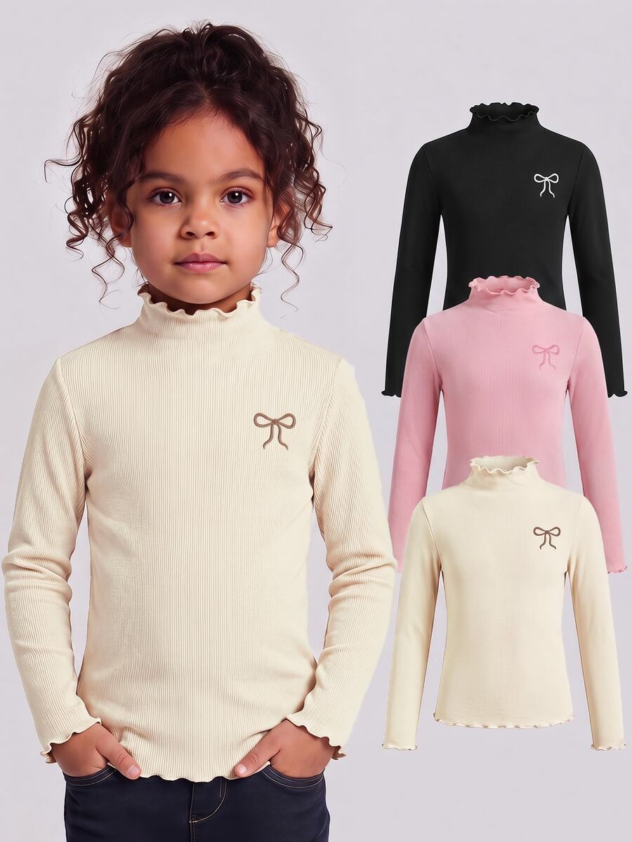 Tween Girl 3pcs Casual All-Match Versatile Solid Color Ribbed Lettuce Trim Mock Neck Tee - Multicolor - View 1
