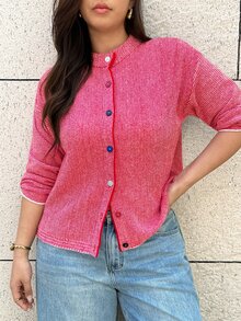 Easura Áo cardigan len dệt kim nữ size lớn, phong cách thường ngày, phối màu colorblock kẻ sọc, vai trễ - Đỏ - Xem 5