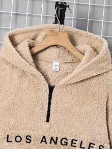 SHEIN 青少年男孩休閒字母刺繡半前開連帽抓絨衛衣，保暖適合秋冬返校季 - 卡其色 - 查看 5