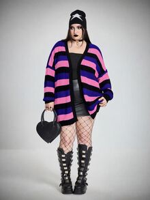 SHEIN CURVE+ 大尺碼哥德龐克萬聖節多色條紋羊毛針織開襟衫，女款秋冬針織衫 - 彩色 - 查看 6