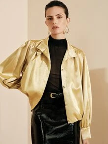 Arave European & American Style Autumn/Winter New Fashion Versatile Solid Color Satin Loose Elegant Commuter Design Classic Metal Buckle Decor Jacket - Green - View 5