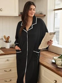 Doze Lane Contrast Trim Plus Size Women's Button-Front Casual Open-Front Loungewear Robe - Black - View 6